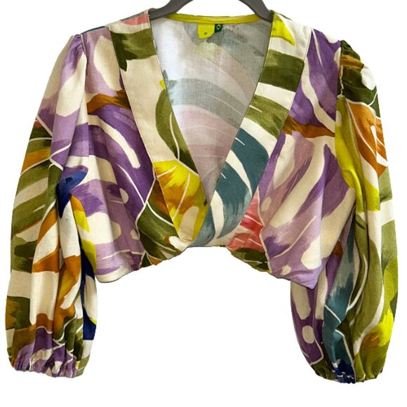 Farm Rio Tropical Multicolor Puff Sleeve Cropped Wrap Blouse Top Designer Small - Picture 1 of 5